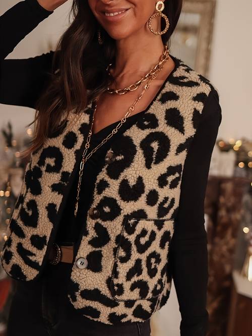 Artikelbild amerikanische vintage-plüschweste für damen mit leopardenmuster, neuer herbst/winter-stil, v-ausschnitt, einreihig mit knöpfen , flauschige, locker sitzende, kurze weste, lässige überziehjacke zum schichten