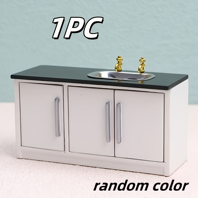 

1pc Diy Miniature Wooden Kitchen Sink Cabinet, 1:12 Scale Furniture Model Accessory, Black & White With Golden Accents - Ideal For Party , Kitchen Decor And Accessories