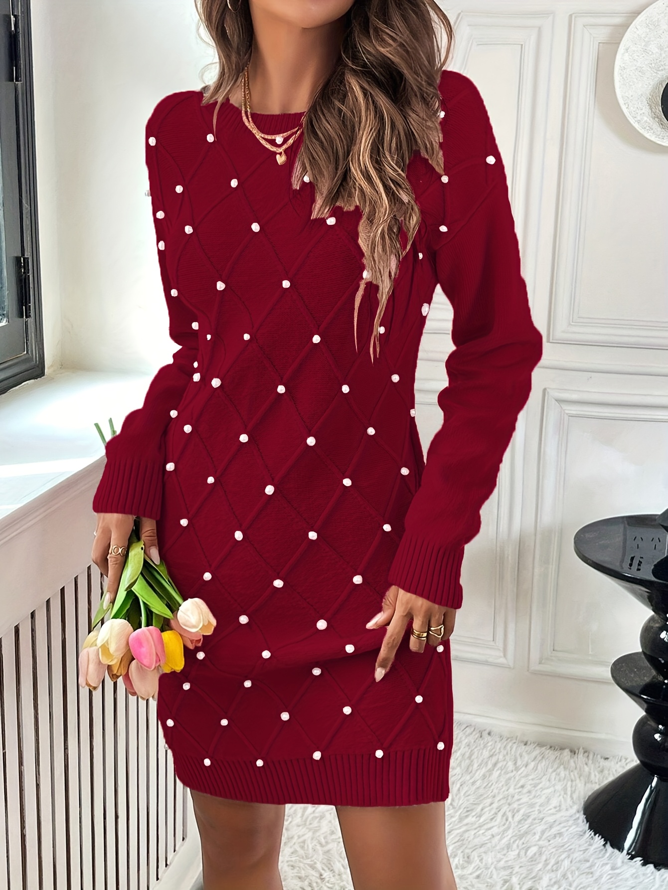 womens elegant beaded sweater dress long sleeve knee length - Temu Saudi  Arabia