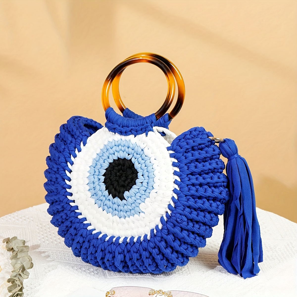 Large-Capacity Bohemian Tassel Weave Tote Bag - Lightweight Geometric Design with Royal Blue Fixed Strap, Durable Fabric for Beach, Casual Outings & Everyday Use