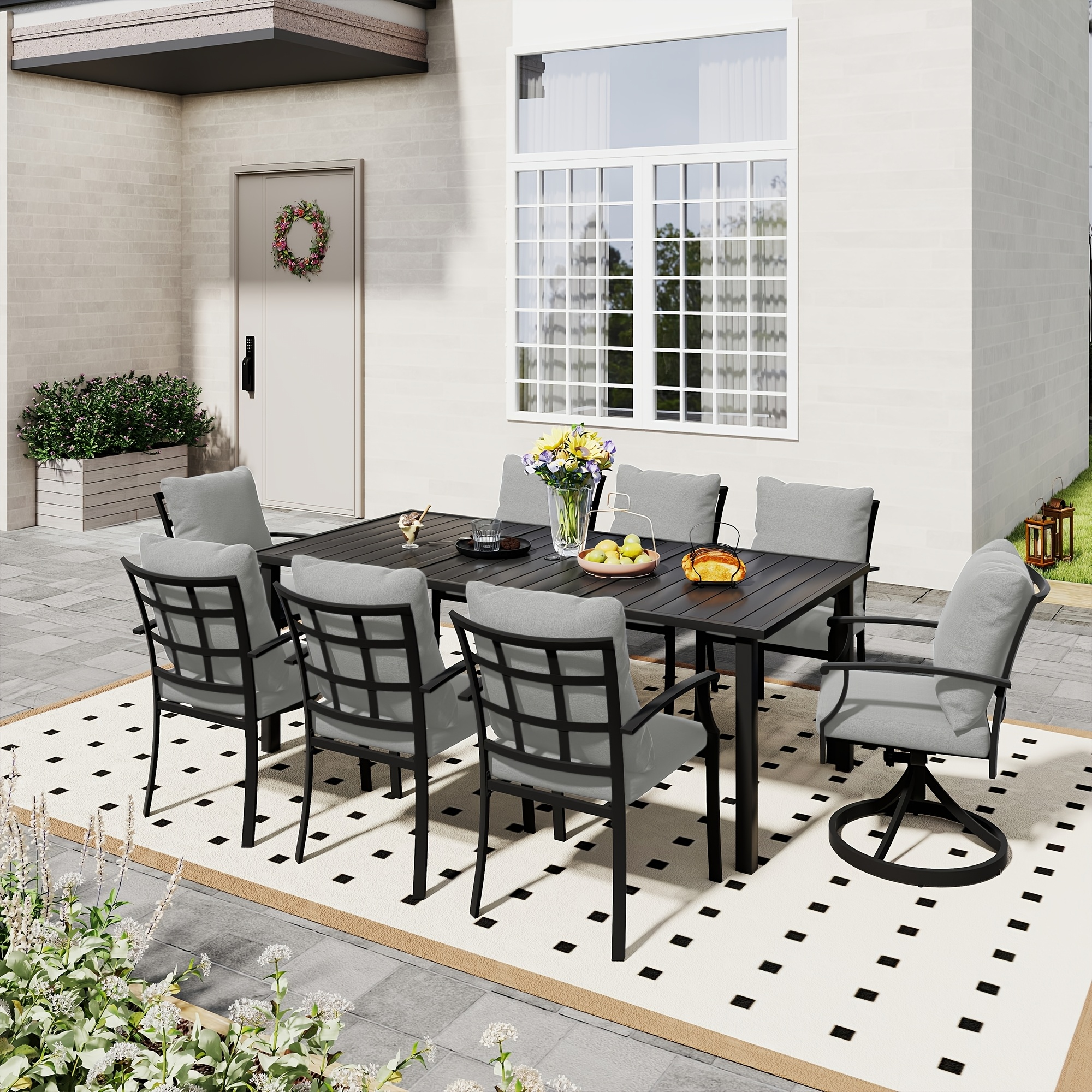 9pcs Outdoor Dining Set - Patio Dining Set for 8. Includes 1 Rectangular Table, 8 Dining Chairs with Cushions, for Lawn, Garden
