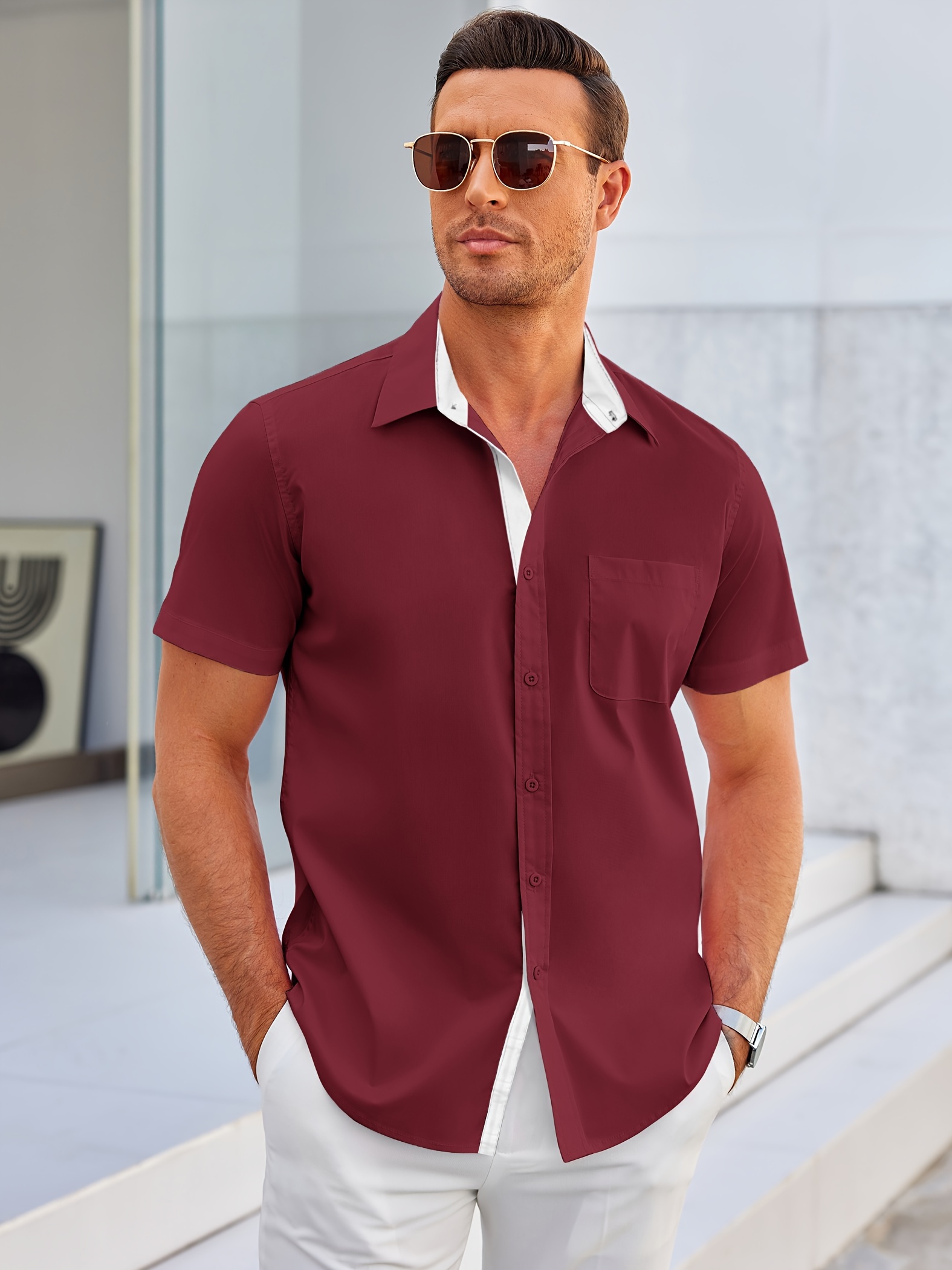 *'s Short Sleeve Button Down Dress Shirt Wrinkle Free Muscle Shirts  Summer Business Casual - Technical View