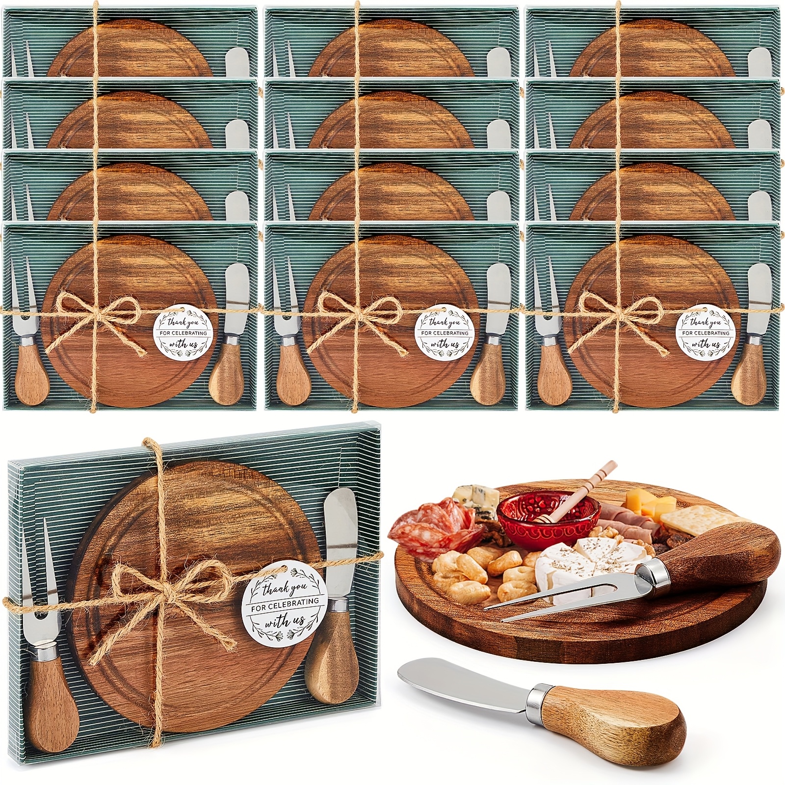 TEMU 12 Sets Bridal Shower Baby Prizes Cheese Board Set Wood Round Mini Charcuterie Board With Knives And Forks Bulk Thank You Tags With Bridal Shower Gift Box For Guests Wedding Party (acacia)