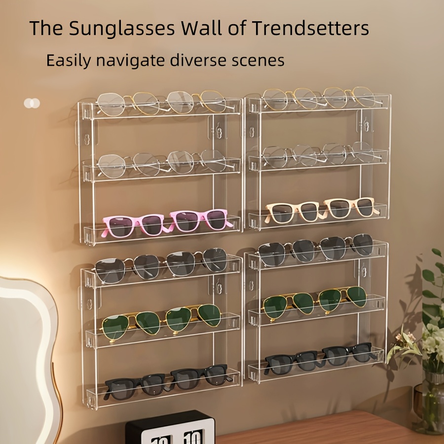 

Acrylic Glasses Wall Mounted Display Rack, Polyethylene Terephthalate, No-punch Installation, Myopia & Glasses Organizer Bracket