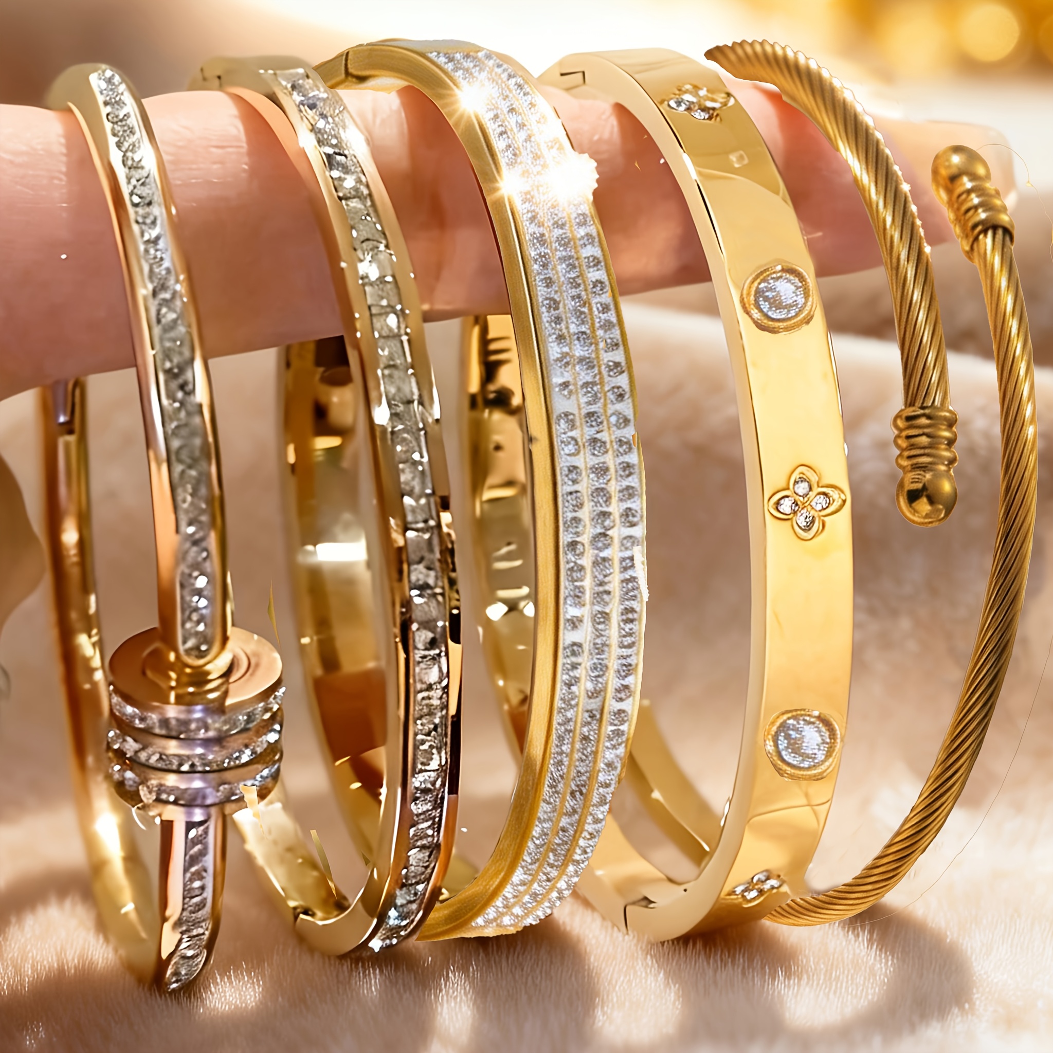 TEMU Lot de 5 bracelets empilables pour femmes en acier inoxydable 304 plaqué or 18K, design fleur avec synthétique imperméable, bracelets torsadés,
