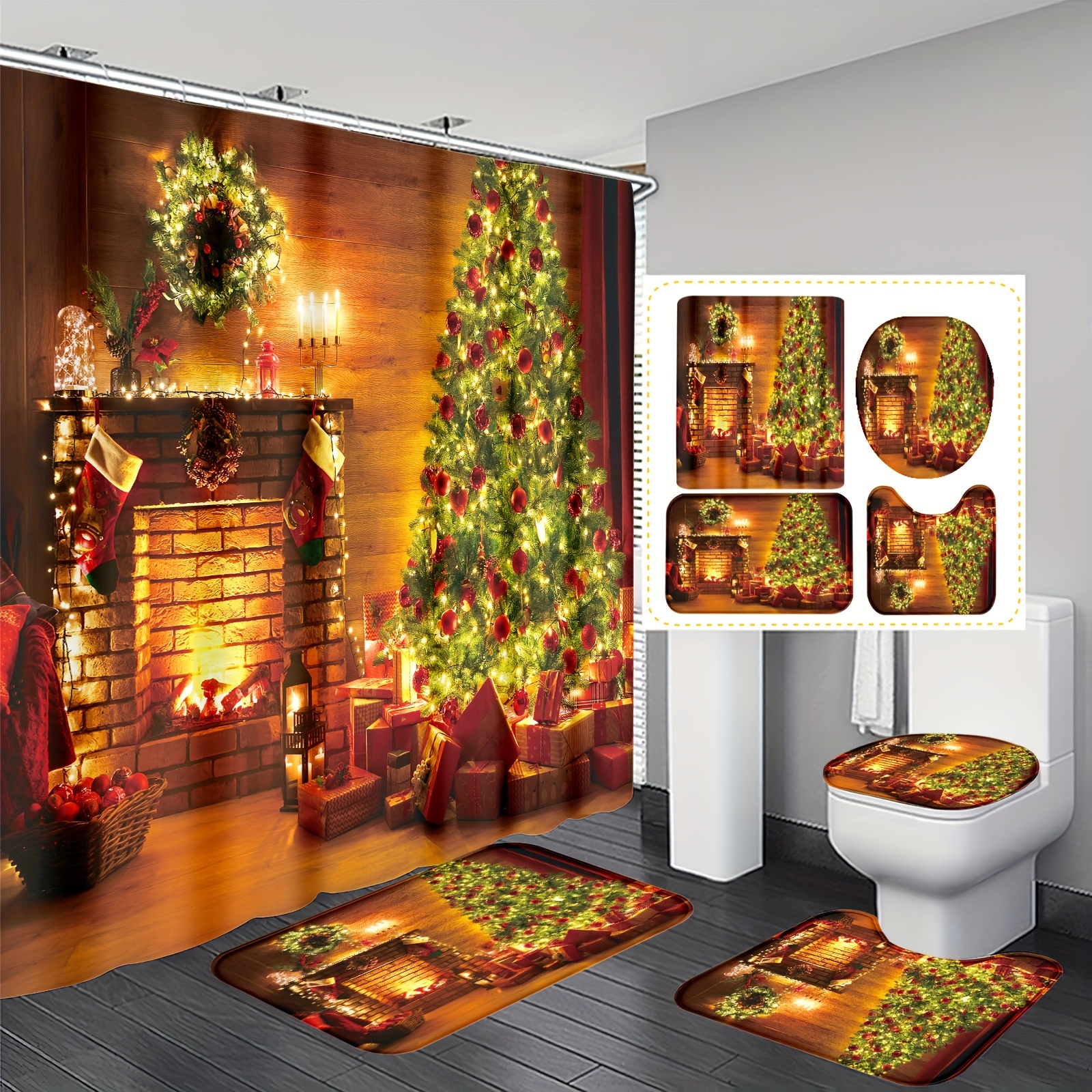 

1pc/4pcs Christmas Polyester Waterproof Insulation Home Decoration Bathroom Shower Curtain With 12 Hooks, Bathroom Non-slip Mat, U-shaped Floor Mat And Round Toilet Seat Mat, Bathroom Set For All