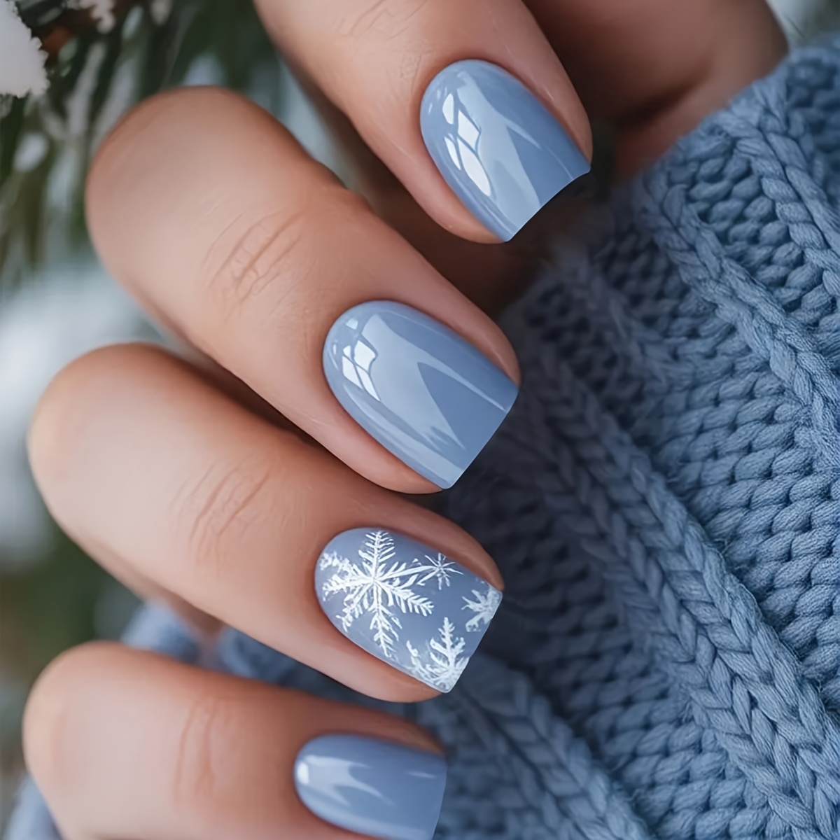TEMU 24pcs Courts Ongles Carrés Brillants Nail Art, Style Noël de Neige Bleu Poussiéreux Couleur Unie, Propres et Frais, Faciles et Élégants, Pleins
