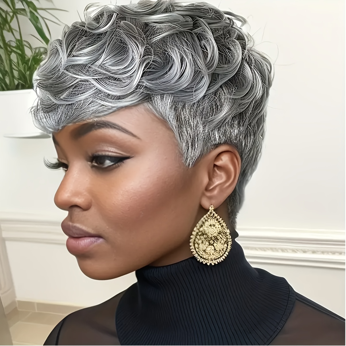 TEMU Stylish Short Curly Wigs For Women, Featuring Synthetic Materials. This Short Black Wig Offers A Lovely Cut With Curly Hair, Perfect For Women
