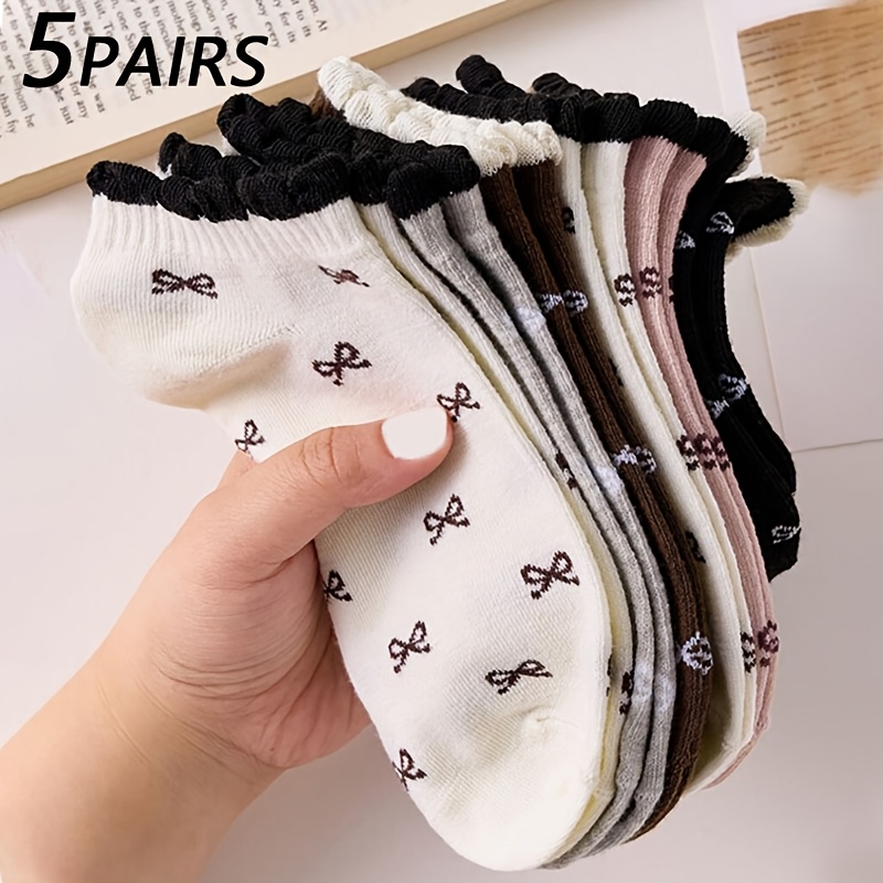 E-shop 5-Pack Damen Knöchelsocken - Rüschen-Schleife, Fünf Farben erhältlich, Bequem, Weich Atmungsaktiv, Ideal für Frühling Sommer, Einfaches Design,