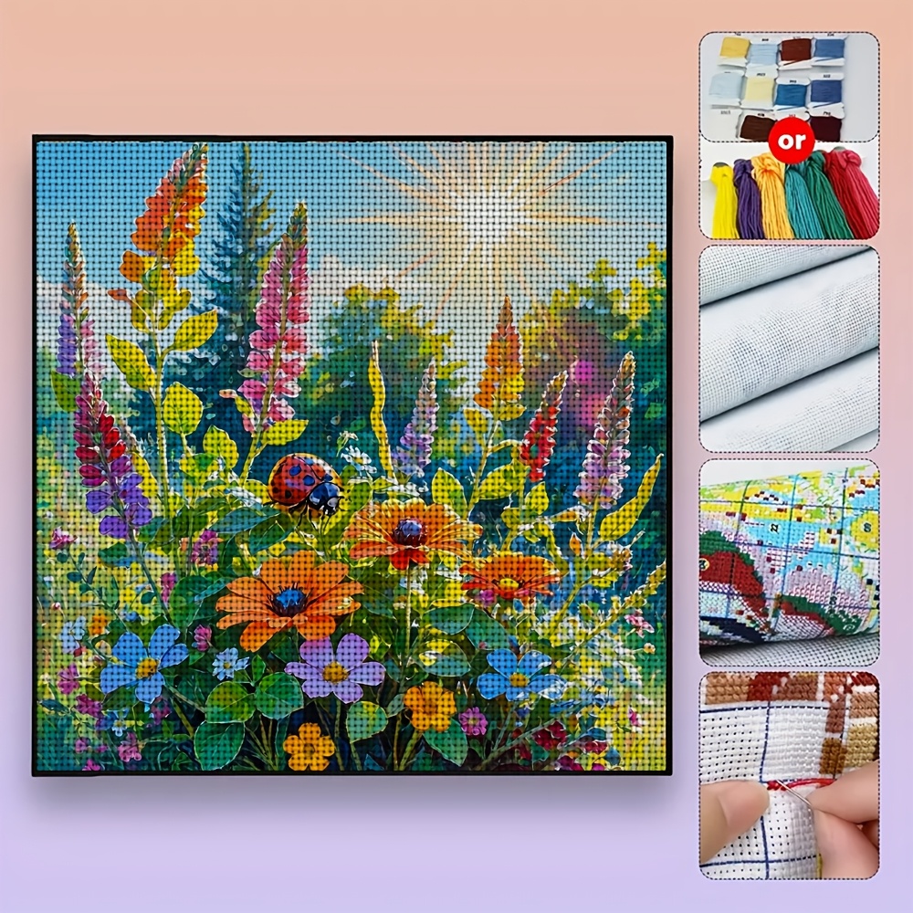 New Frameless Cross-stitch Printed Kit, "Ladybug in a Flower Bush with Sunshine"