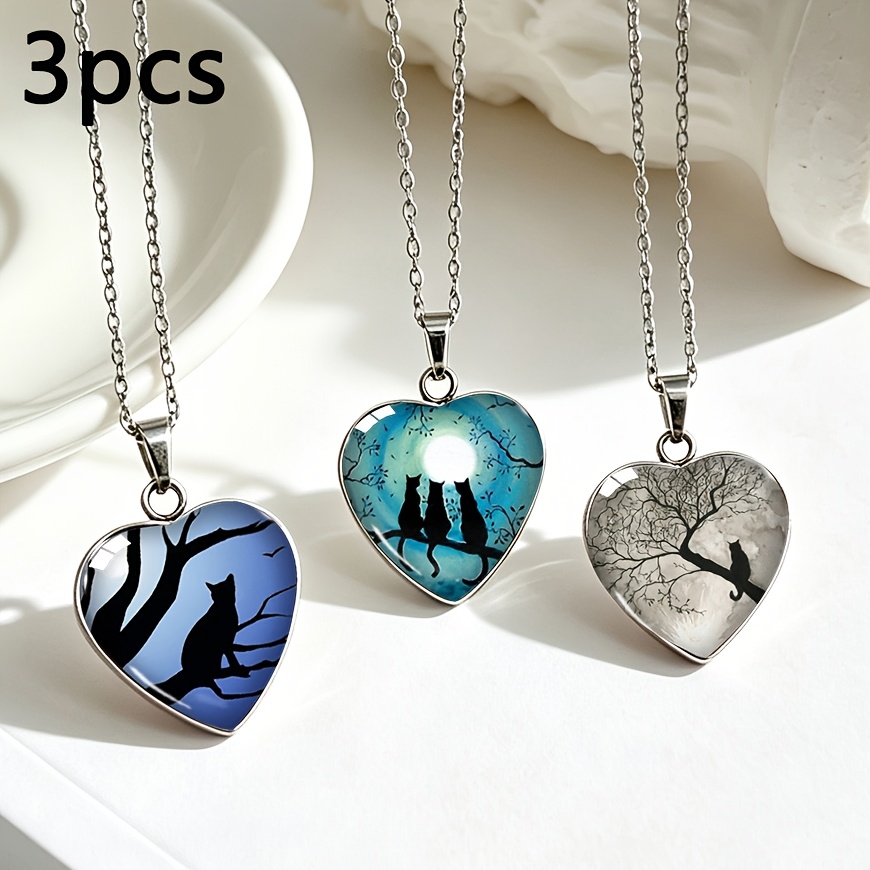 TEMU 3pcs Set Heart-shaped Stainless Steel Water Drop Necklace Dead Tree Black Cat Silhouette Dark Atmosphere Heart Glass Pendant Niche Individual