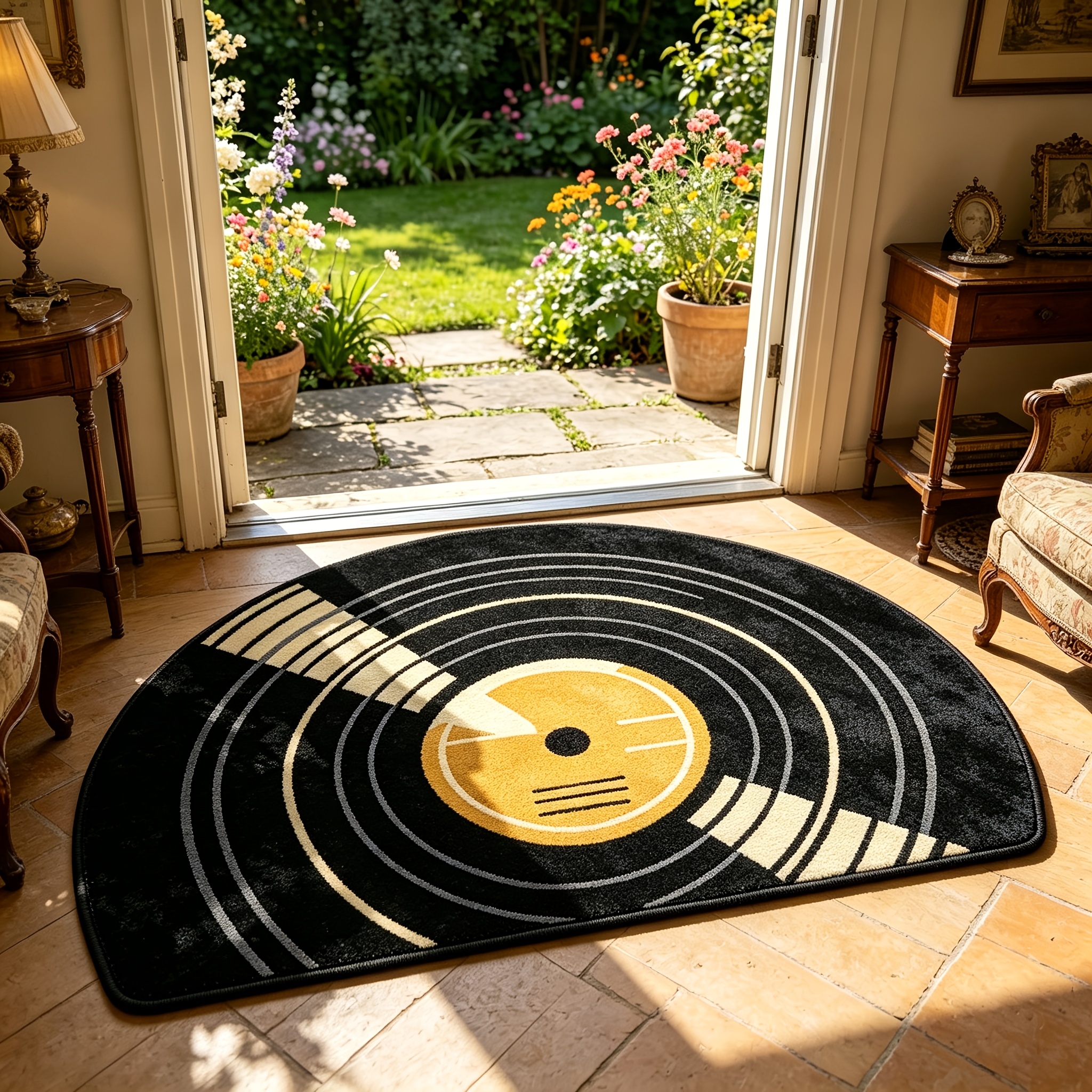 TEMU Paillasson 1 pièce de demi-cercle disque vinyle vintage, flanelle de 12 mm d'épaisseur, tapis décoratif sur le thème de la musique. Décoration