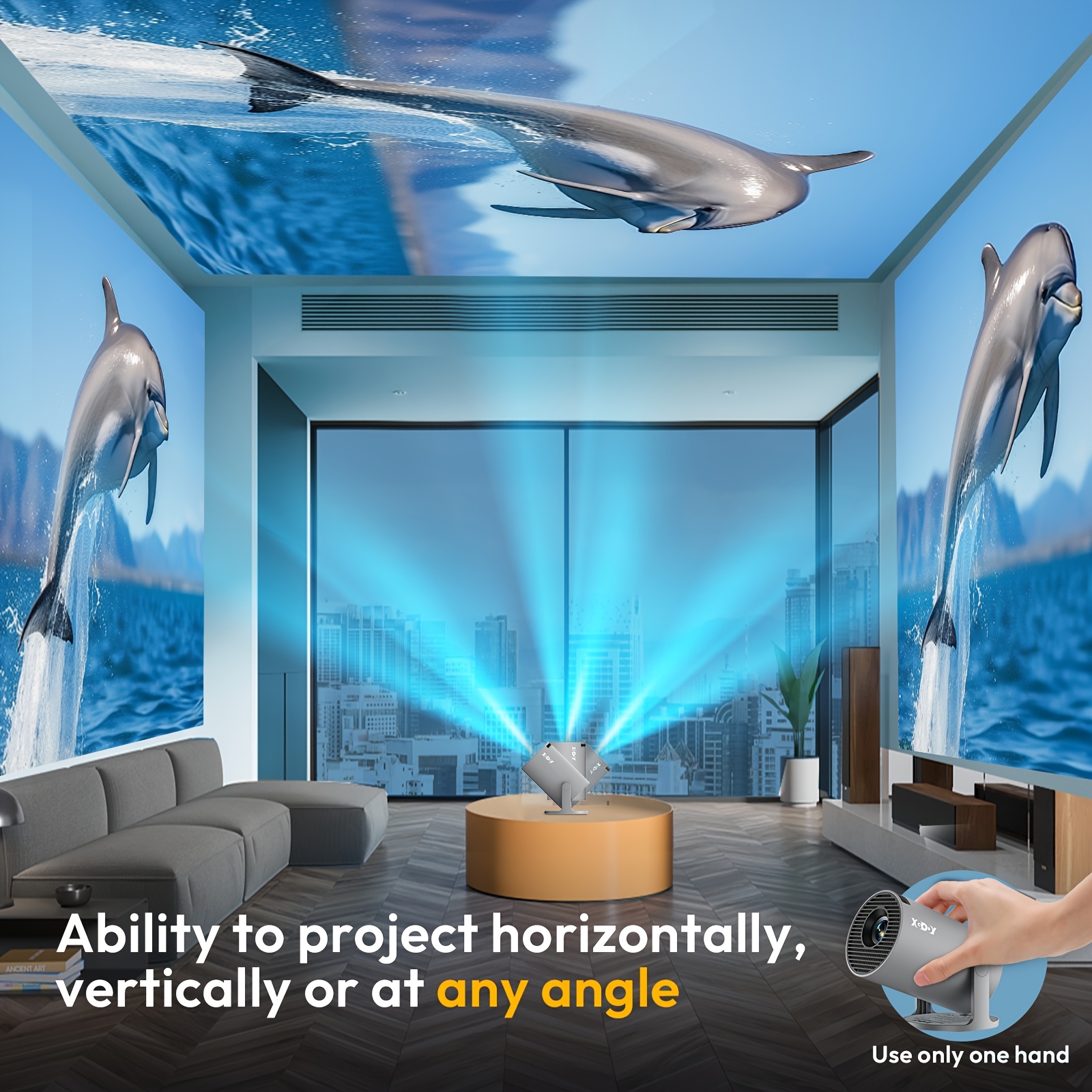 XGODY HY300 PRO Smart Mini Projektor, unterstützt 4K mit WLAN und eingebauten Anwendungen, verfügt über Autofokus und Trapezkorrektur, Audio, Zoom-Funktion, lokale 720P Auflösung für Filme und ist ein tragbarer Mini-Outdoor-Projektor in Weiß