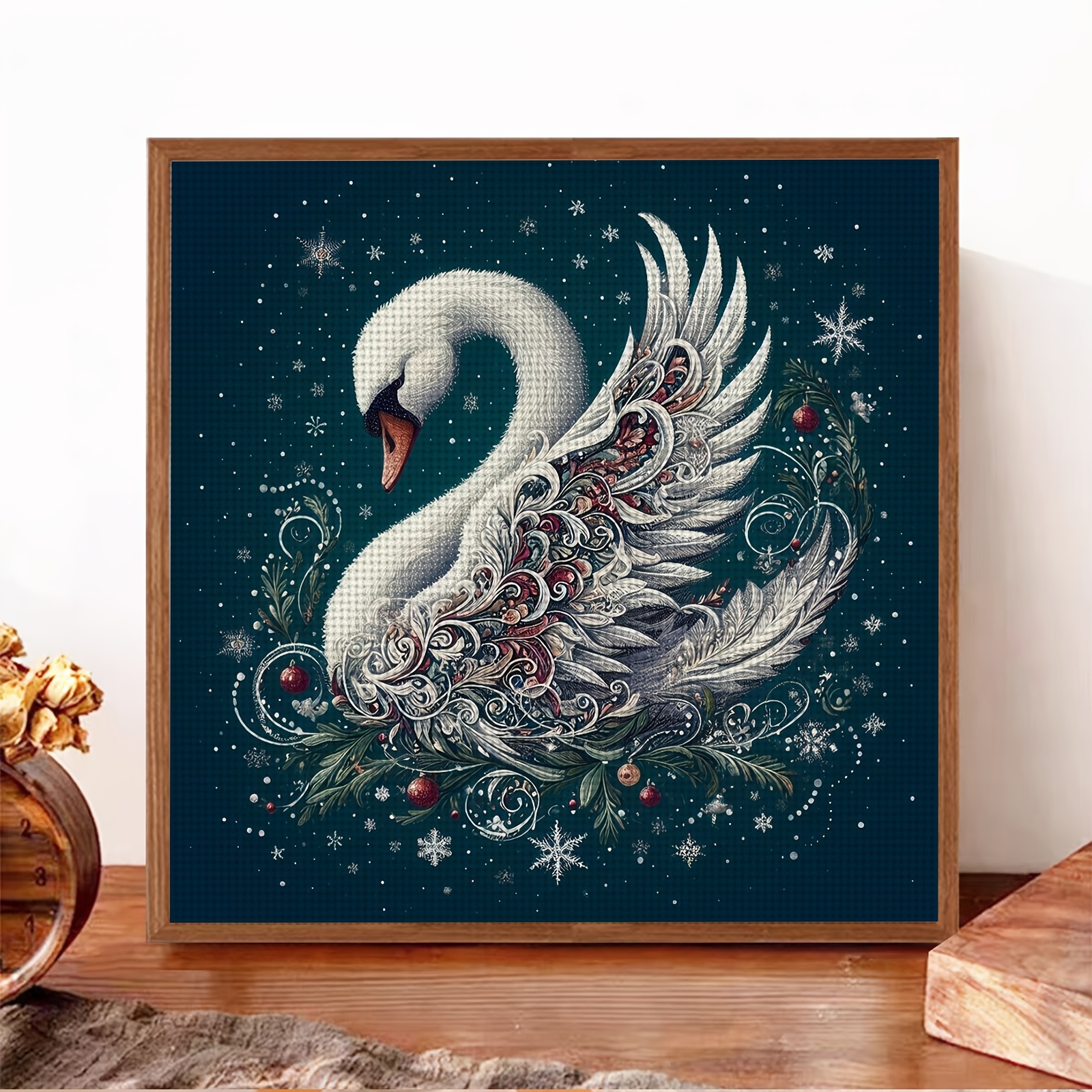 Christmas Swan Snowflake Design Printed Fabric Cross-Stitch Kit for Beginners