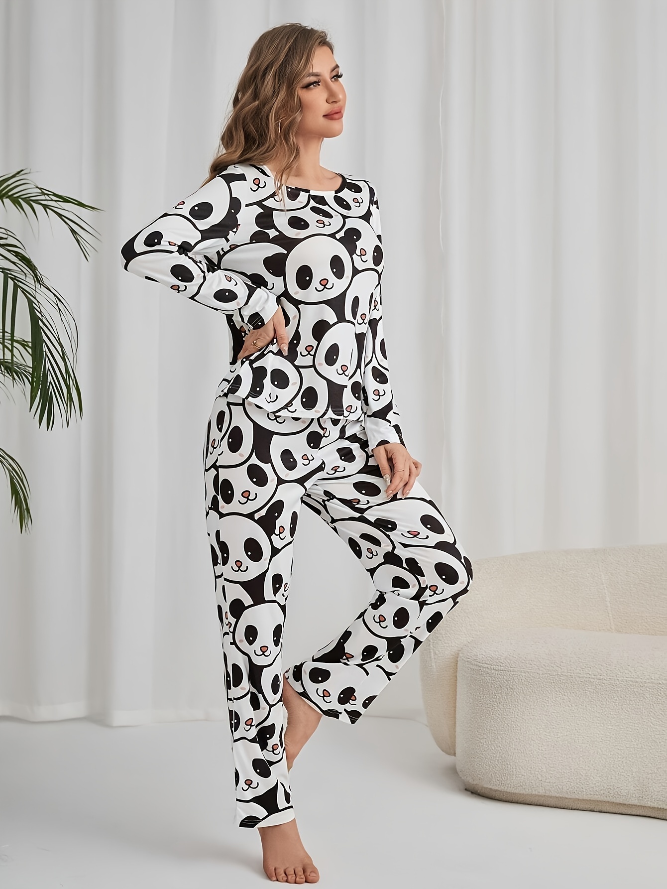 womens cute panda print pajama set long sleeve round neck top pants comfortable relaxed fit for fall Product details 4