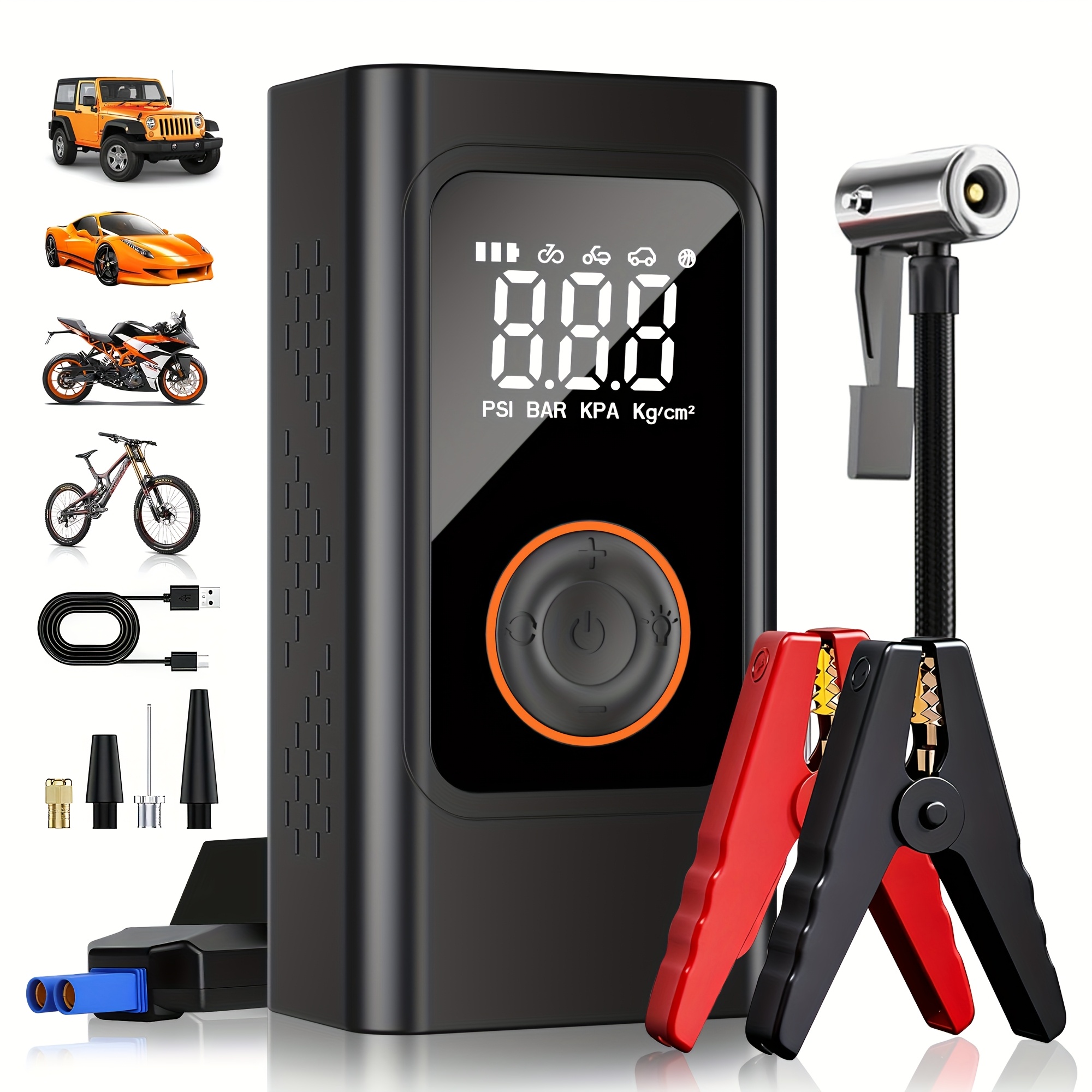 TEMU Portable Jump Starter Featuring An Air Compressor, Of 150psi, Suitable For 8.0 Gas And 5.0l Engines, Includes A 12v Jump Box With Smart Jumper Cables, Led Light, And Lcd Screen