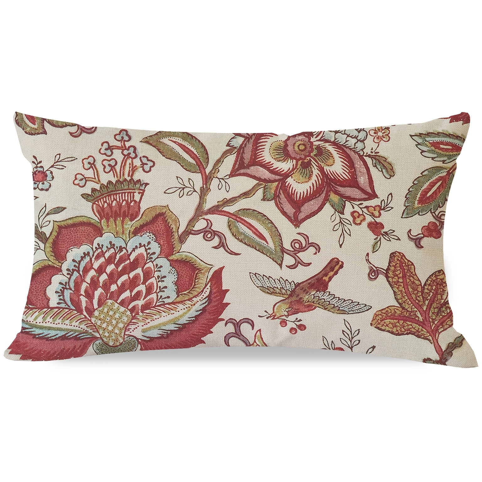 TEMU 1 de cojín lumbar estilo con diseño floral - Patrones de pájaros y follaje colonial, removible con cremallera para sofá, cama o silla -
