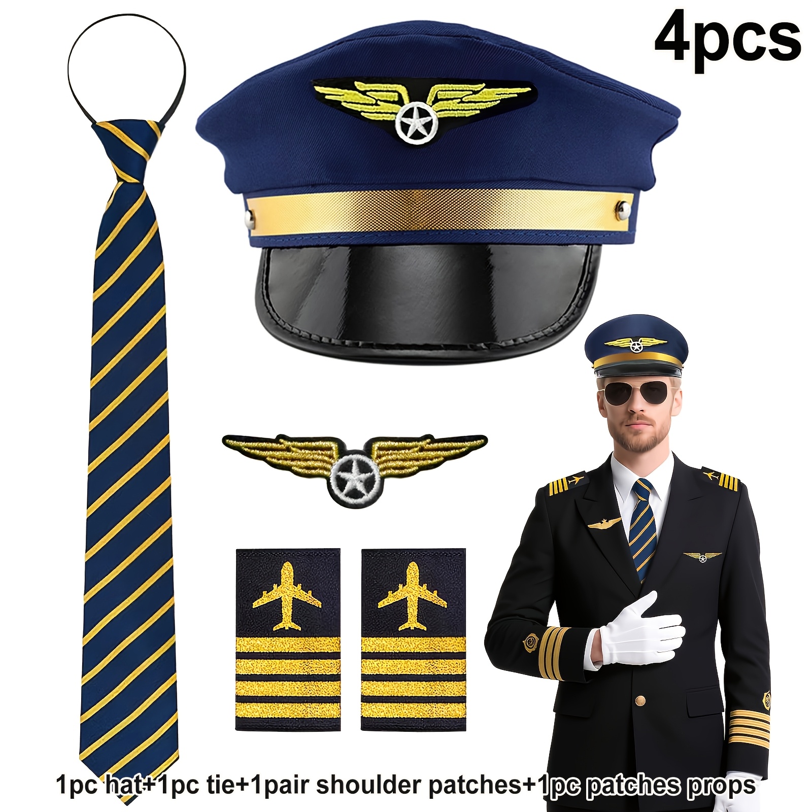 TEMU 4pcs Costume de Pilote Capitaine | Kit de Costume d' avec Chapeau de Pilote Capitaine, Cravate, Badge, Bretelles Costume de Pilote Bleu Marine