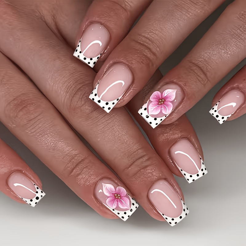 Image of 24pcs Short Square -on Nails, Decorated With French Polka Dots And Carved Patterns. Fresh And Gentle Style, Ideal For Daily Wear And Parties. Reusable False Nail Tips
