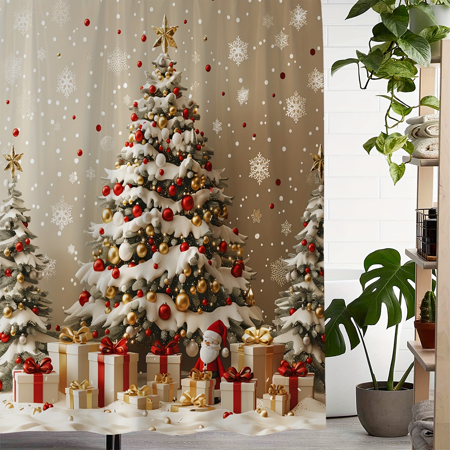 

Christmas Tree And Christmas Shower Curtain Printed Waterproof Bath Curtain, Curtain With 12 Hooks Curtain For Windows