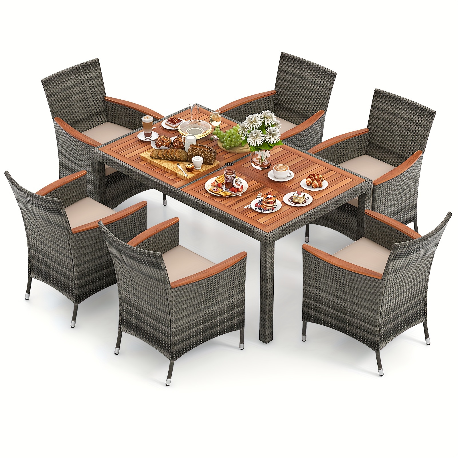 

7 Pieces Outdoor Wicker Dining Set With Acacia Wood Table And 6 Armchairs