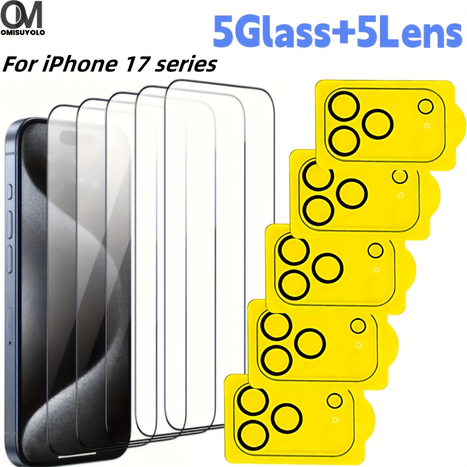 Image of 5pcs Tempered Glass Screen Protectors And 5pcs Camera Lens Stickers, Suitable For Iphone 17/17 Air/17 Pro/17 Pro Max - Anti-fingerprint, Anti-drop Protection, , 9h Hardness