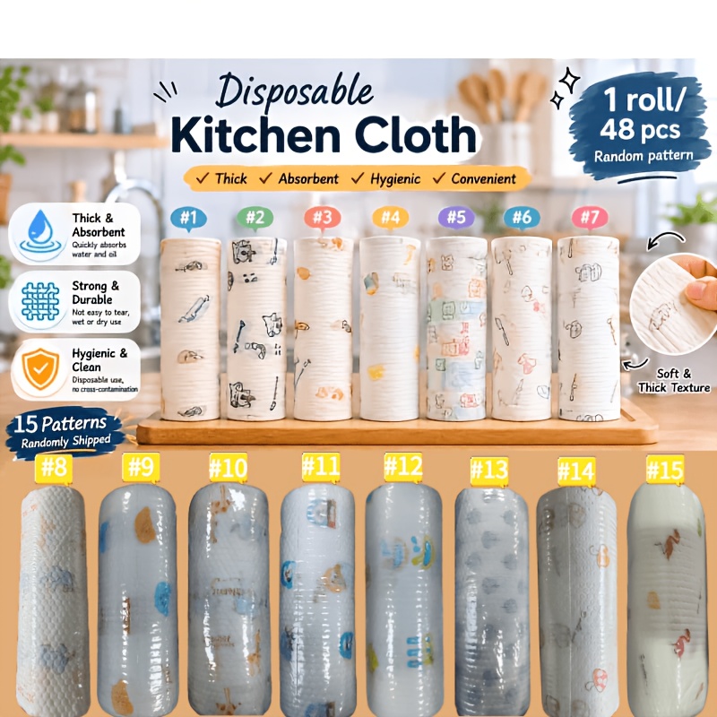 TEMU 【厚手＆広め】多機能食器拭き、吸水性抜群の汚れ落としレイジースポンジ、キッチン掃除タオル、屋外食器パーティー ホリデー集まりの清掃用品、な漫画柄