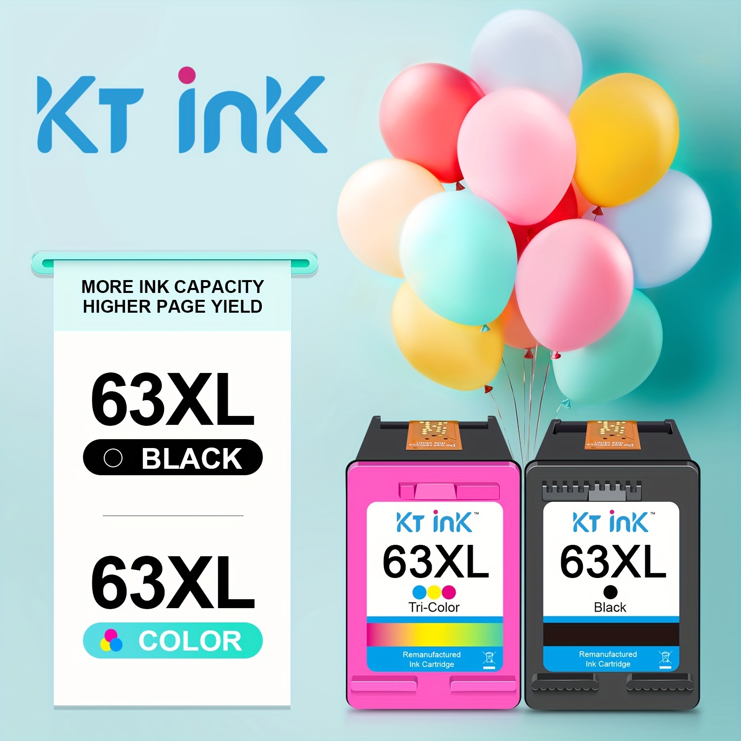 TEMU Kt Ink 63xl High- Remanufactured Ink Cartridge Replacement For Photo, & More - Black & (c, M, Y) , Compatible With Multiple Printer Models