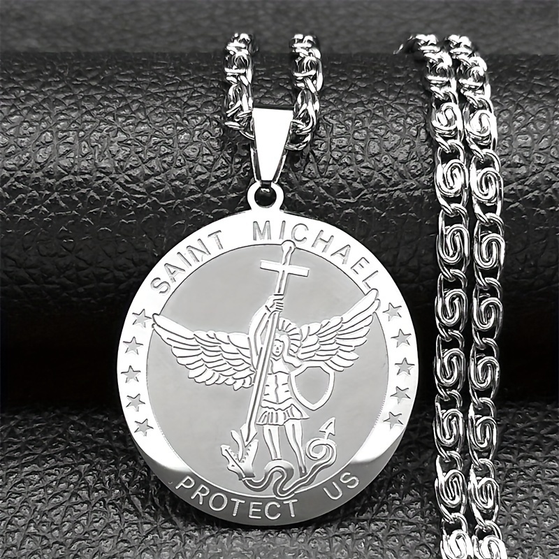 Archangel Michael Men' Steel Knight Pendant Necklace Amulet Jewelry