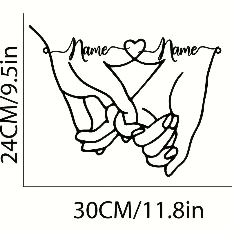 E-shop Individuelle Retro Metall Wandkunst Skulptur mit personalisiertem Namen und Herz-Muster - Hand-in-Hand Liebesdesign, Schlafzimmer Wandbehang,