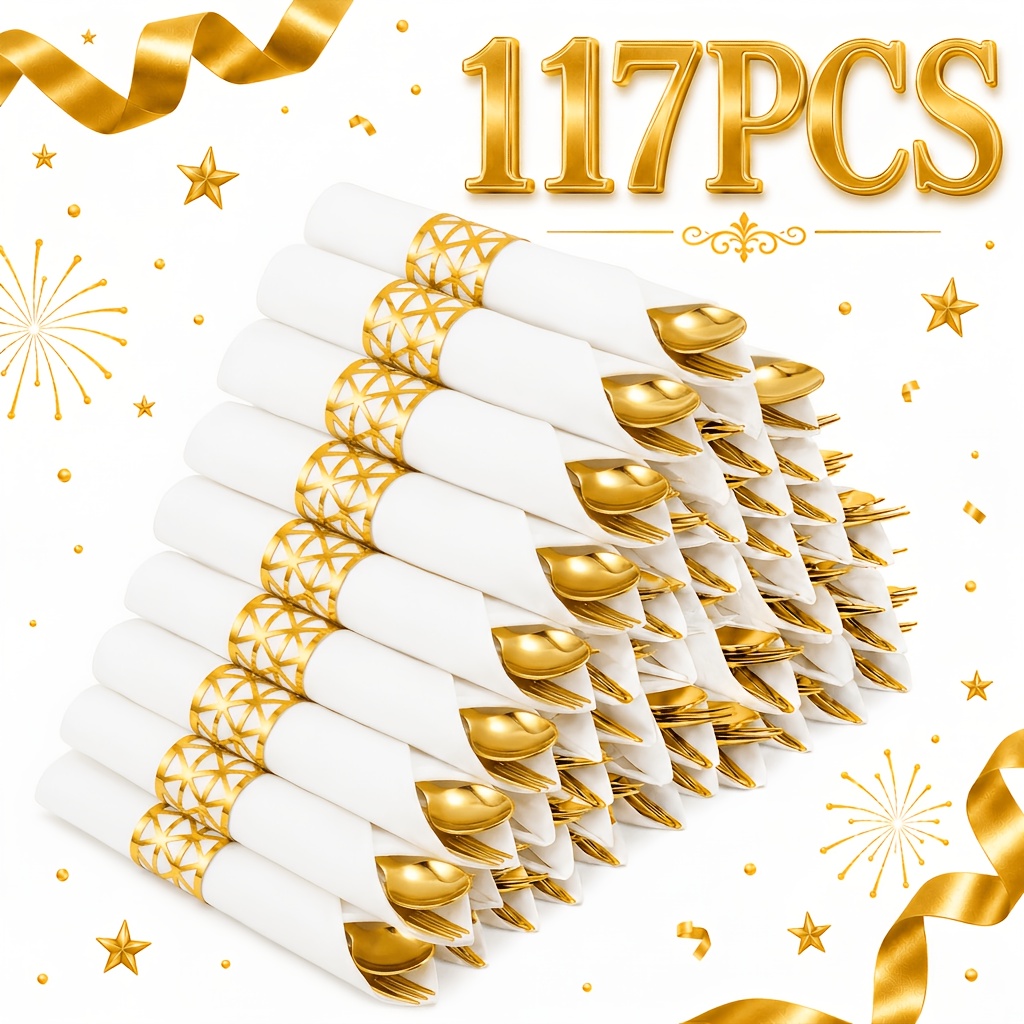 117pcs Pre-Rolled Golden Plastic Cutlery Set (Serves 29 Guests). This Premium Disposable Cutlery Set Includes Napkins, Forks, Knives, Spoons, Party Supplies, And High-Quality Cutlery, Perfect for Weddings, Parties, New Year'S, And Christmas