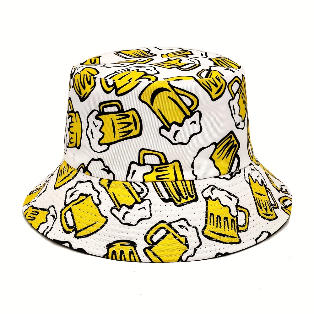 Image of Fashionable Beer Print Bucket Hat, Reversible Outdoor Festival Party Beach Hat