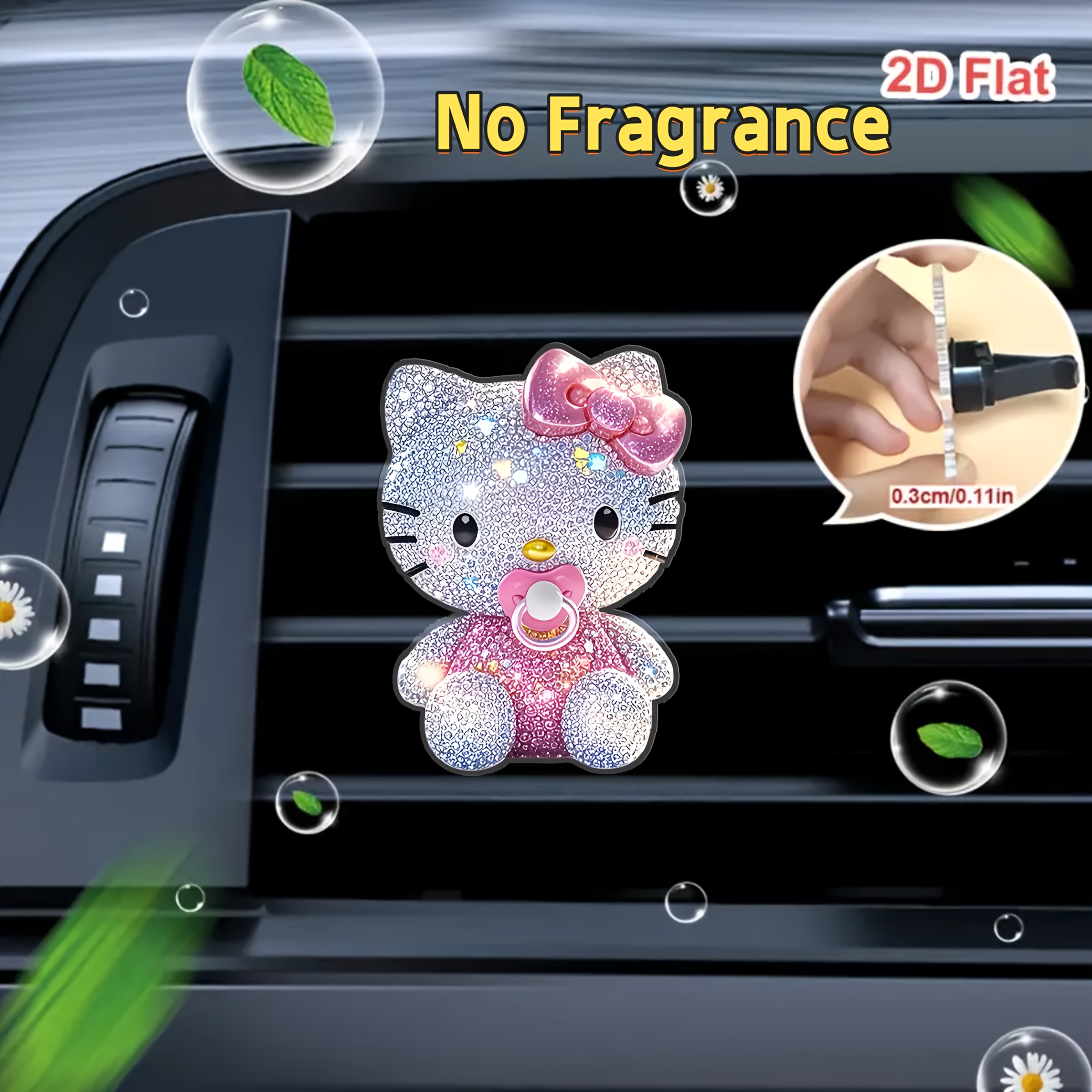 Image of 2d Flat, 1pc Sparkling Hello Kitty Pattern Car Vent Clip, Car Fragrance Diffuser, Includes Odorless Sponge Pad For Your Own Scent, Christmas Car Decoration, Small Gift For , 2d Flat