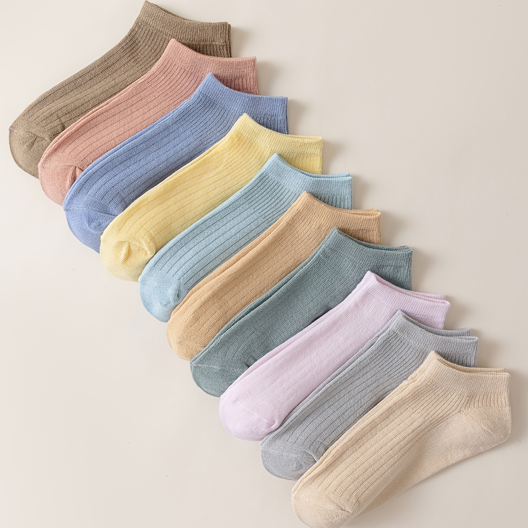 

10 Pairs Solid Pastel Ankle Socks, Simple Vintage Style No Show Socks, Women's Stockings & Hosiery