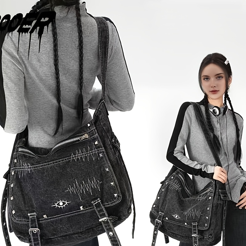 バッグ y2k grunge leather hand bag studs JIAERDI Y2k Grunge Sier Handbag Women Vintage Pockets Chic