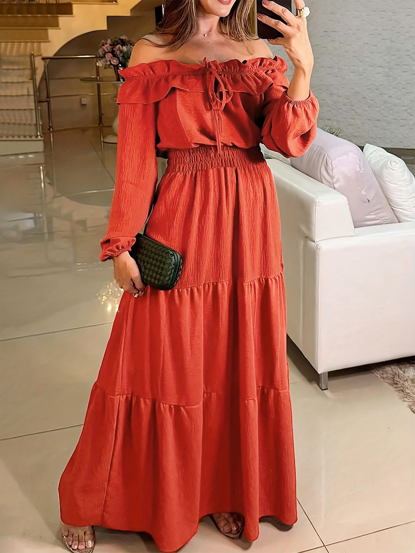 Women's Elegant Off-the-Shoulder Maxi Dress Flowy A-Line Formal casual  party gown, Machine Washable Non-See-Through Fabric for Weddings, Evening E