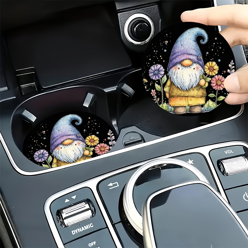 TEMU 2pcs Garden Gnome Holding Flowers Printed Car Coasters, Non-slip, Durable, And Easy To Clean, Cup Holder Decor, Suitable For Daily Commuting,