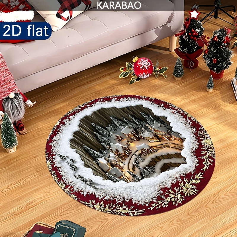 TEMU 1pc Christmas Village Rug Suitable For Home Entrance, Round Floor Mat With Red & , 3d Snowy Design, Machine Washable Flannel Suitable For Living