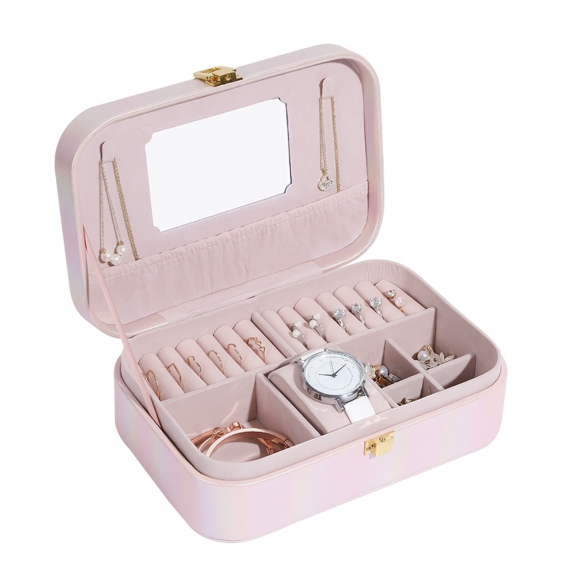 1pc holographic portable jewelry organizer box with   multiple compartments soft   leather lining   leather iridescent   secure snap closure for earrings necklaces rings watches travel friendly storage case accessory organization contemporary design Product details 2