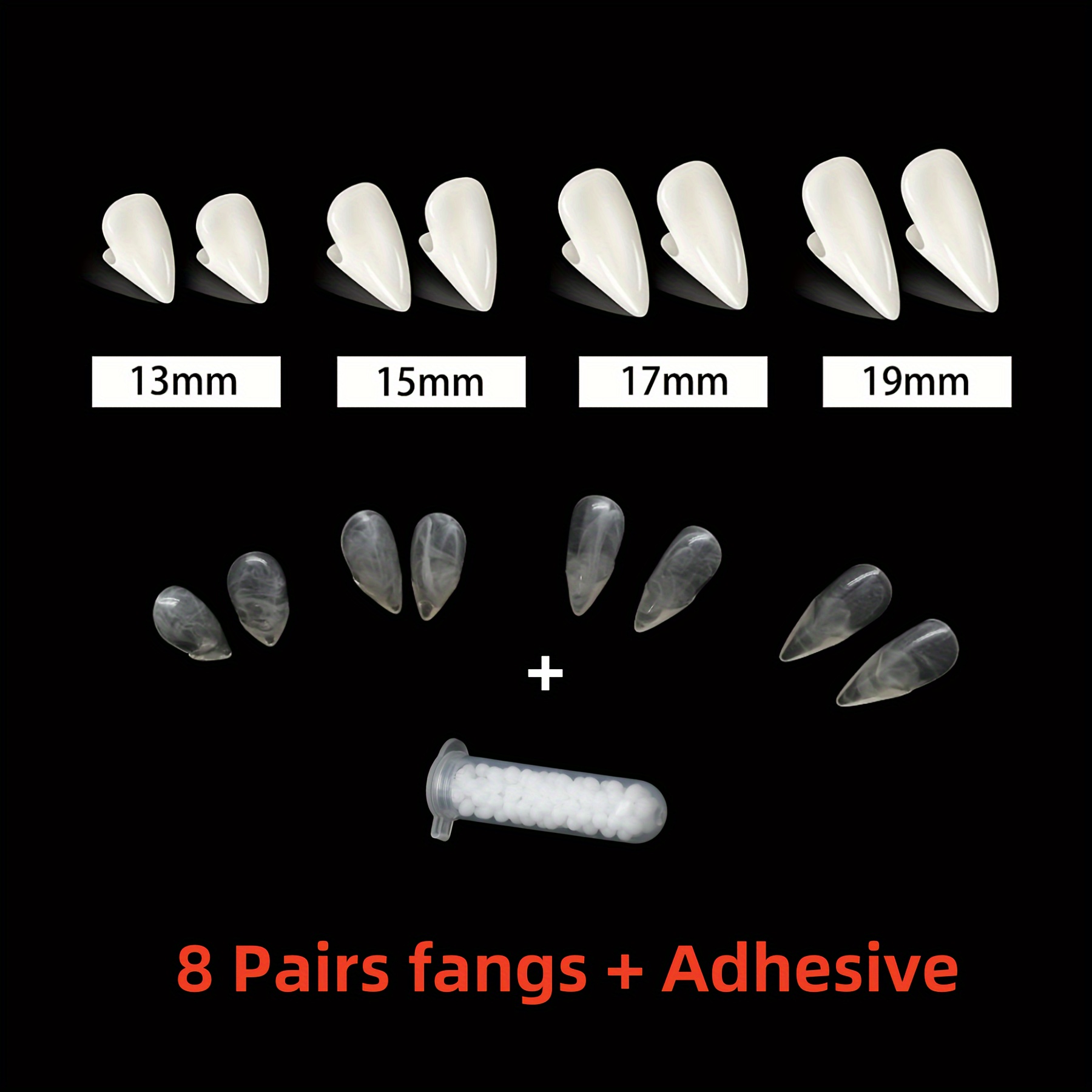 TEMU 8 Pairs Transparent & White 13/15/17/19mm Vampire Fangs Set With Adhesive, Resin Cosplay Teeth For Halloween Carnival Parties Vampire