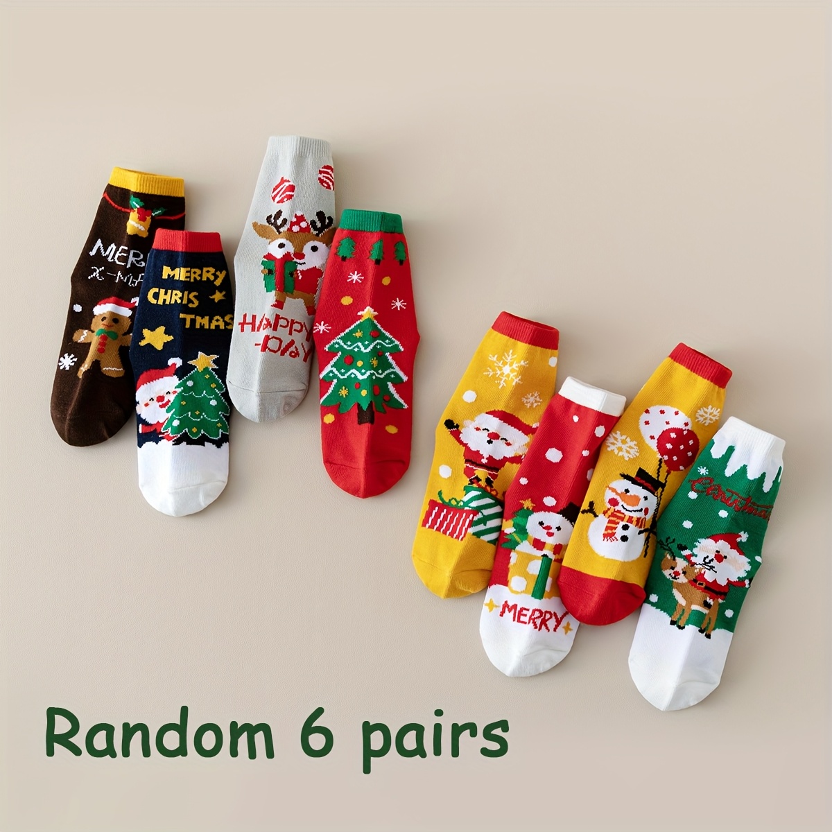 Image of Random 6 Pairs Christmas Socks For Autumn And Winter, Fashionable And Cute Cartoon Snowman Christmas Tree Pattern Holiday Socks For Boys And Girls Christmas Gifts Short Socks