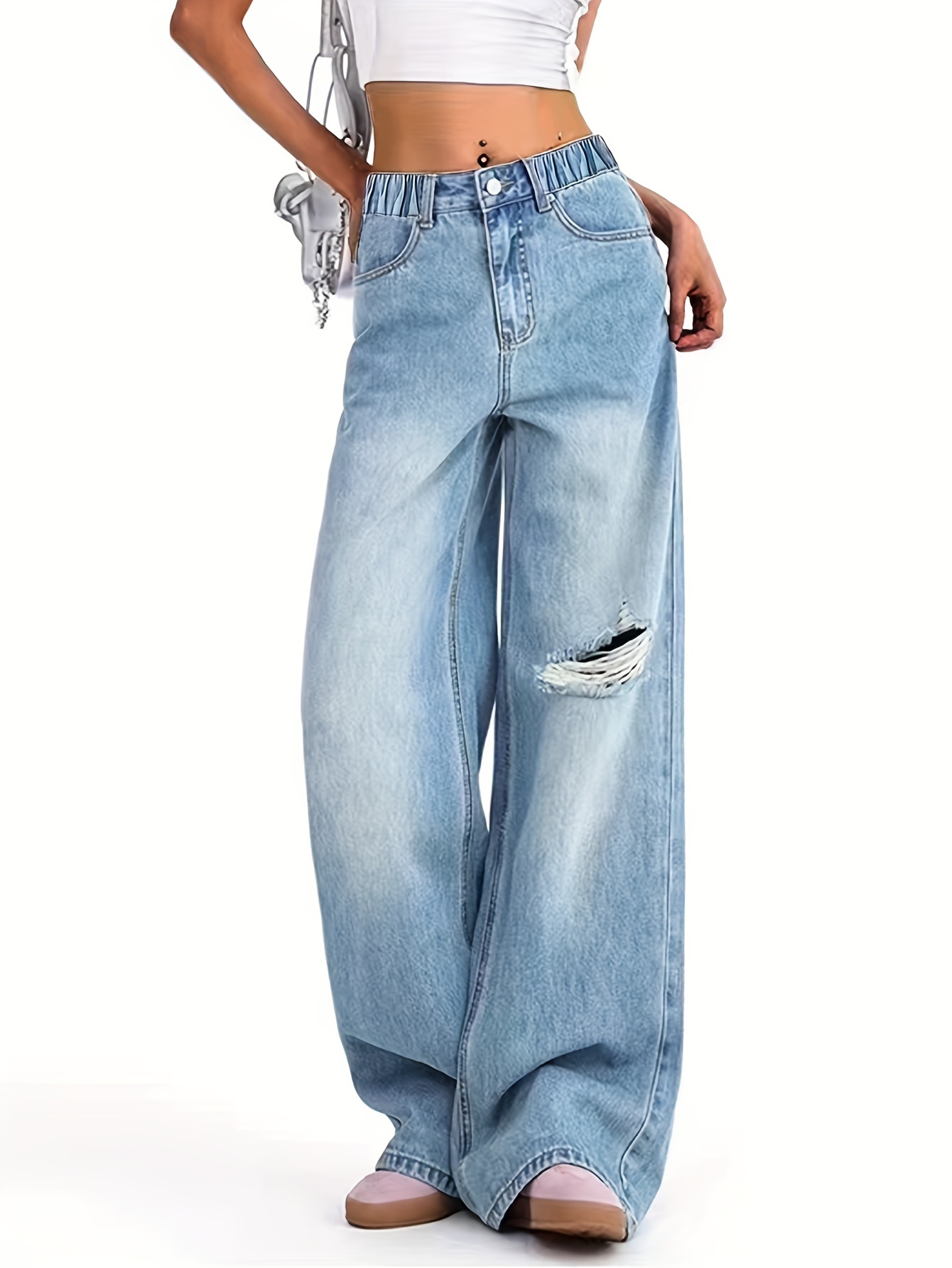 Teen Young Girls Light Blue Ripped Boyfriend Jeans Relaxed Fit  Straight-Leg Denim Pants with Distressed Details Elastic Waistband