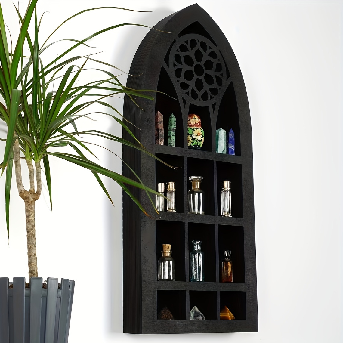 

1pc Gothic Wooden Display Shelf With Vintage Farmhouse Theme For Crystals, Perfumes, Essential Oils - No Power Needed