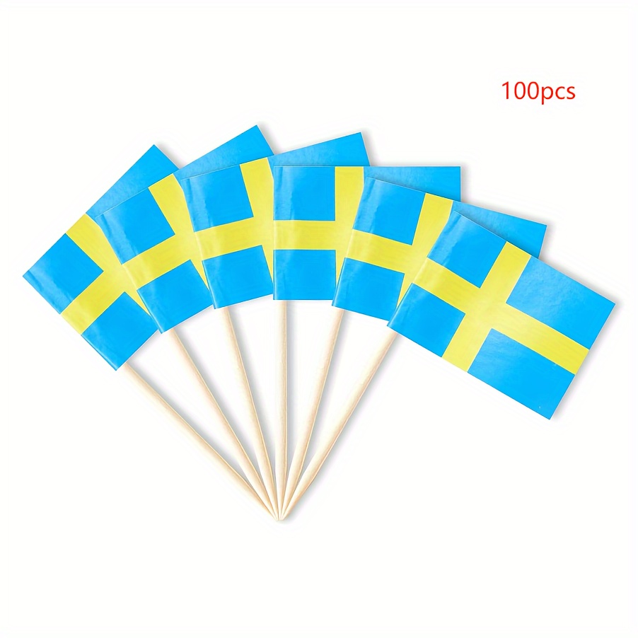 Image of Pack Of 100 Sweden Flag Mini Toothpick Cupcake Toppers, Wooden Party Decorations, No Electricity Needed, For Wedding, Birthday, Bbq, Appetizers, National