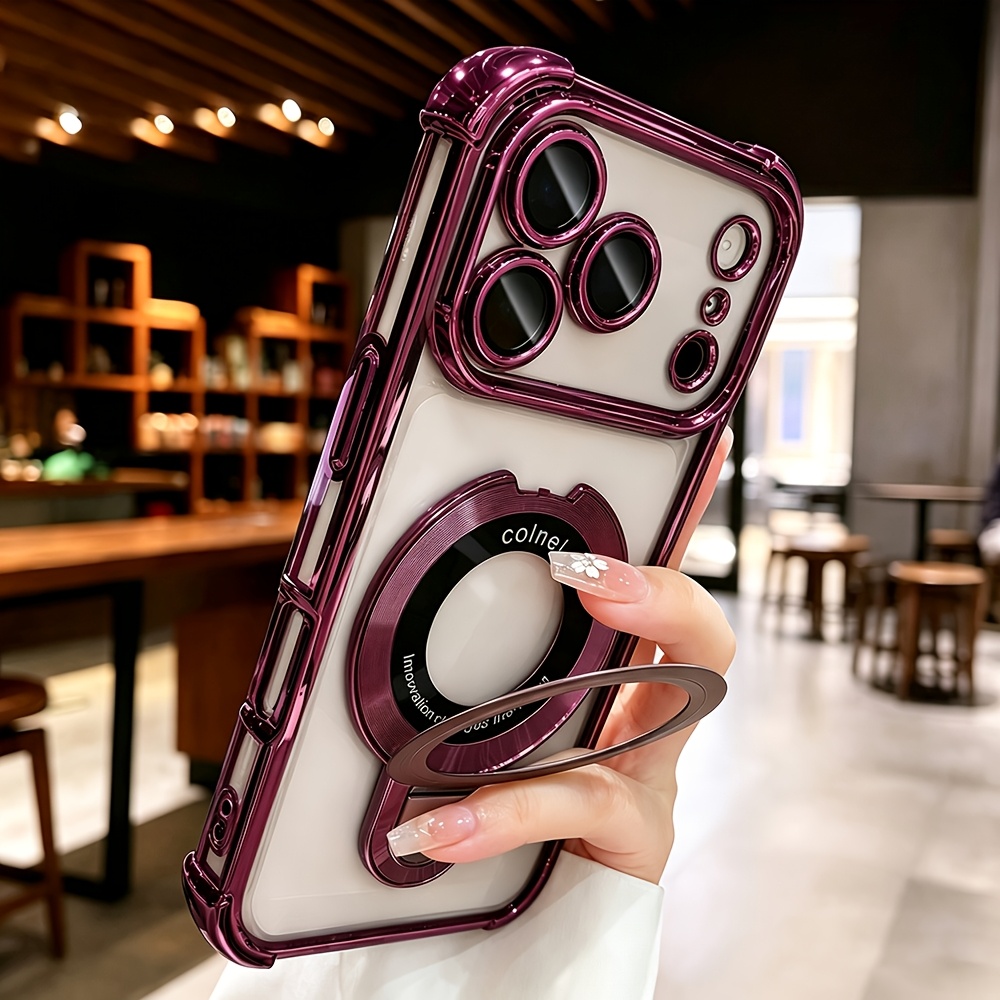 TEMU Coque de téléphone - Ensemble de coque de téléphone - Nouvelle coque de téléphone électroplaquée transparente invisible avec support magnétique,