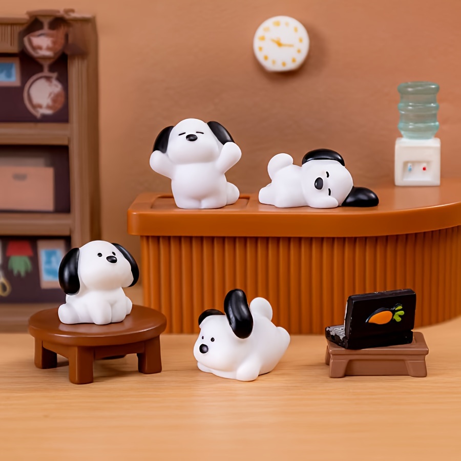 

4pcs Cute Black & White Puppy Car Dashboard Ornaments - Resin Dog Charms For Vehicle Interior Decor