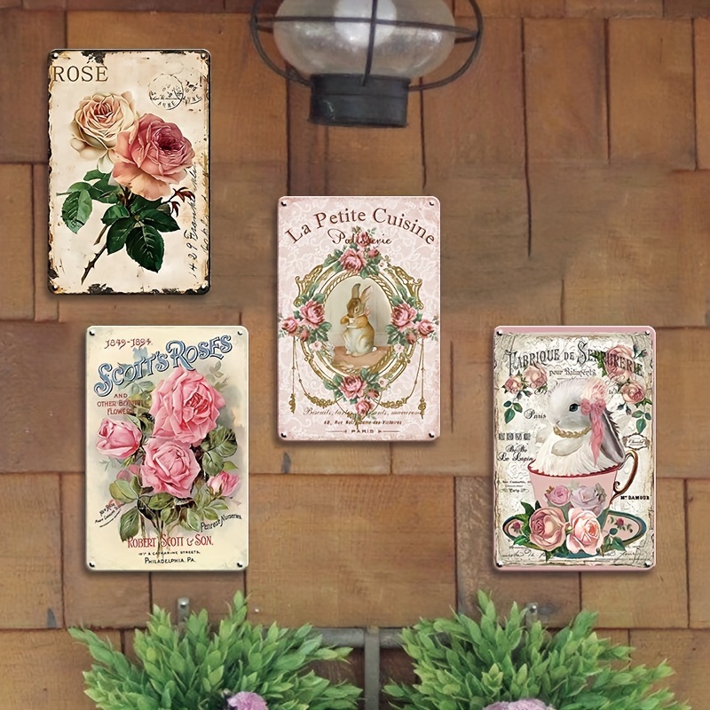 

Flower Vintage Artistic Tin Sign, Country Decor Flower Art Decor 4pcs Garden Signs, 12x 8 Inches Vintage Kitchen Decor Metal Sign For Home Kitchen Bar Coffee Shop