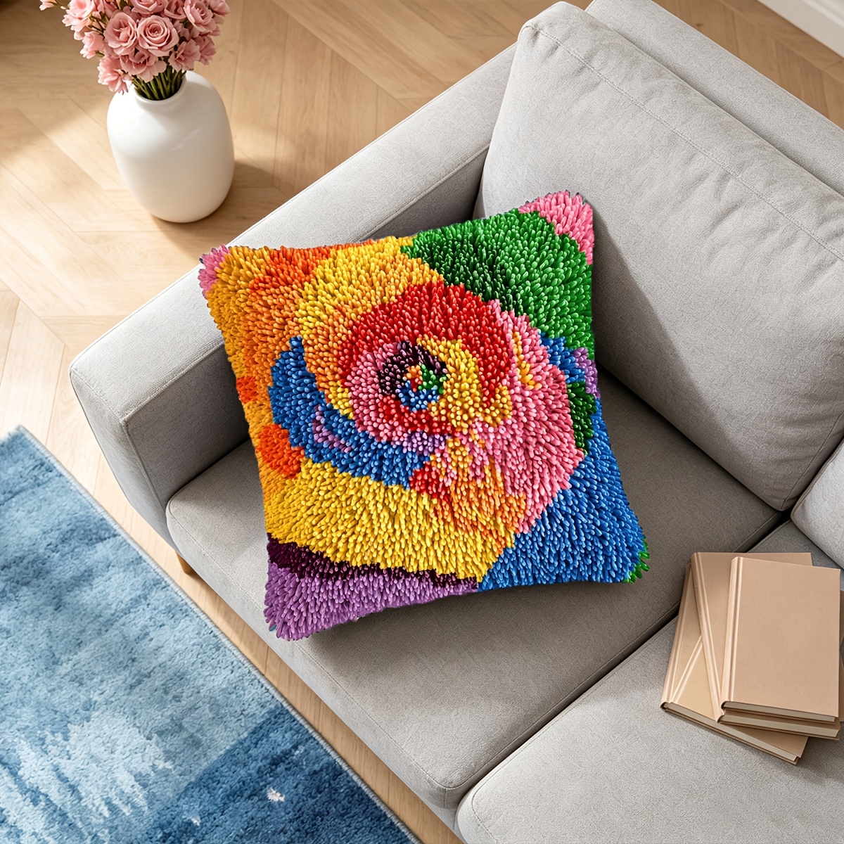 Latch Hook Pillow Kit with Spiral Plant Patterns, DIY Craft Set