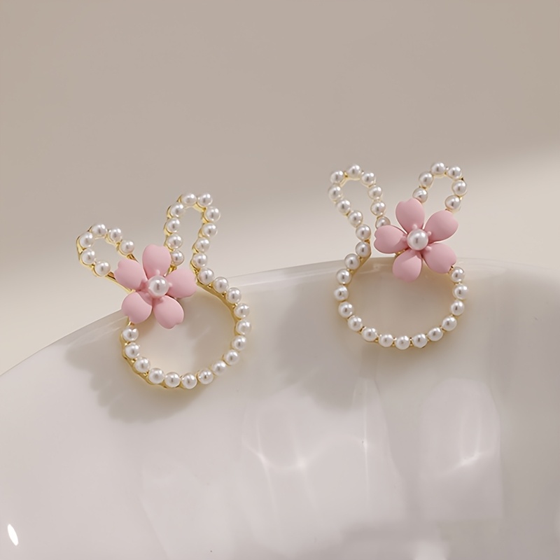 Pair Cute Bunny Ear Stud Earrings with Pink Flower Pearl Accents  Golden-Tone Hypoallergenic Earrings for, Everyday, Party, Vacation