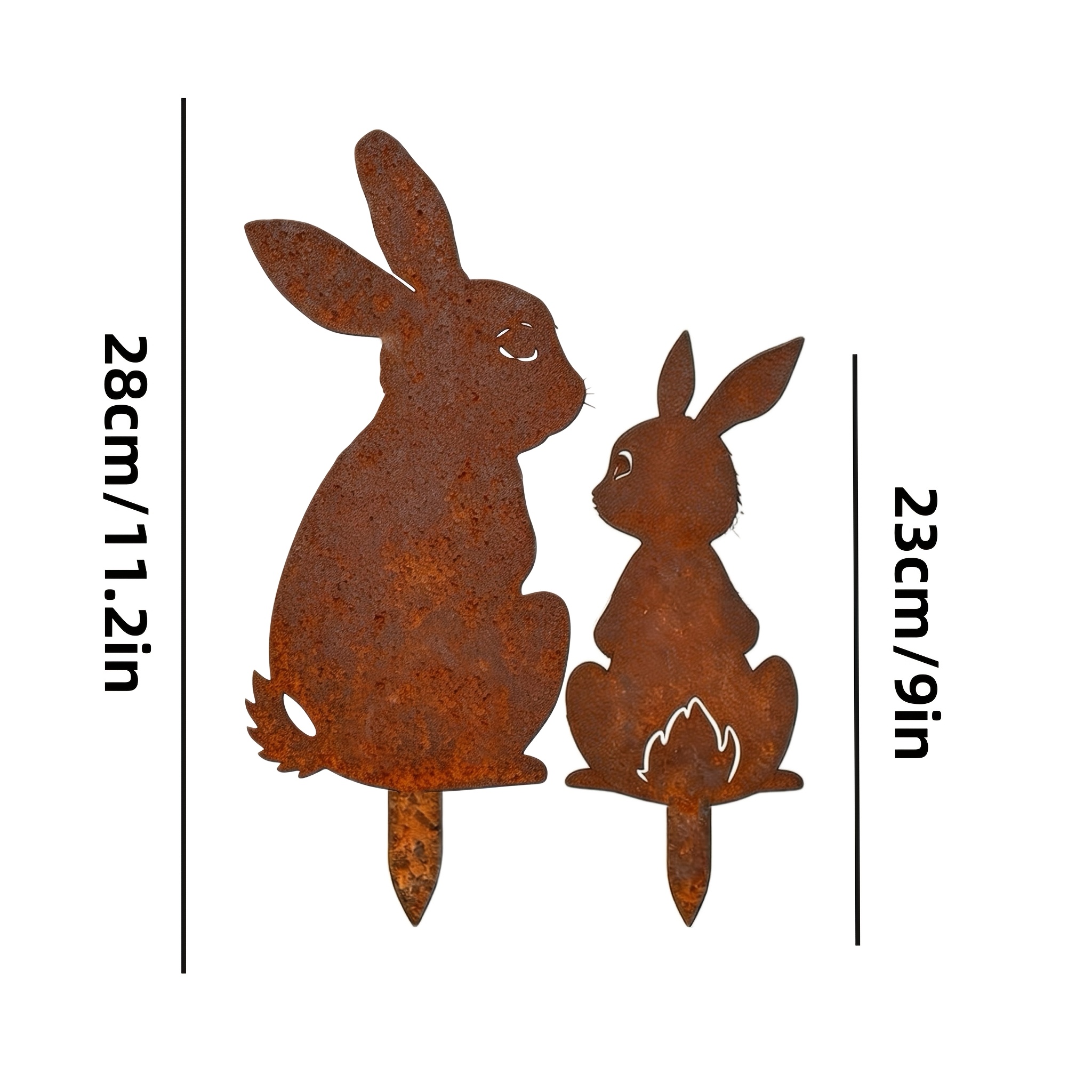 [2d Flat] 2pcs Rustic Rust-colored Metal Rabbit Garden Stakes — Easter Yard And Lawn Decor